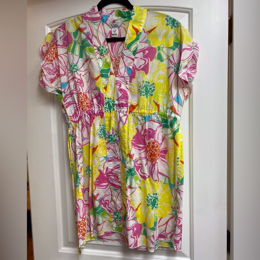 LILLY PULITZER FLORAL V NECK SHORT SLEEVE BEACH COVER UP SIZE LARGE